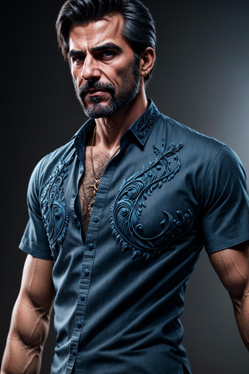 00042-[number]-3897301116-a photo of rugged and handsome man wearing ornamented short sleeve shirt in (EPEpochElfStyleV2_1.2),  hyper detailed masterpiece.png